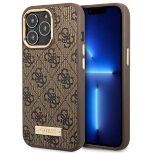 guess guhmp14lu4gprw iphone 14 pro 6,1" brązowy/brown hard case 4g logo plate magsafe