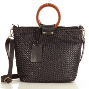 torebka pleciona skóra pelle intrecciato crossbody z rączką z bambusa - marco mazzini czarna