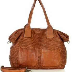 klasyczna torebka shopper z kieszeniami pleciona skóra handmade - marco mazzini brąz camel