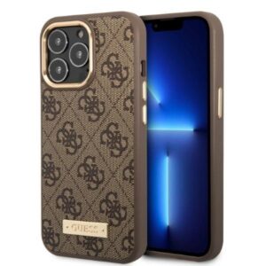 guess guhmp13lu4gprw iphone 13 pro / 13 6,1" brązowy/brown hard case 4g logo plate magsafe