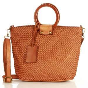 torebka pleciona skóra pelle intrecciato crossbody z rączką z bambusa - marco mazzini brąz camel