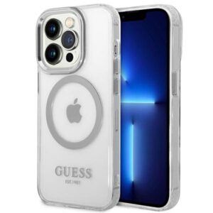 guess guhmp14xhtrms iphone 14 pro max 6,7" srebrny/silver hard case metal outline magsafe