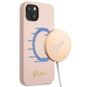 guess guhmp13mlslmglp iphone 13 6,1" jasnoróżowy/light pink hardcase silicone script gold logo magsafe