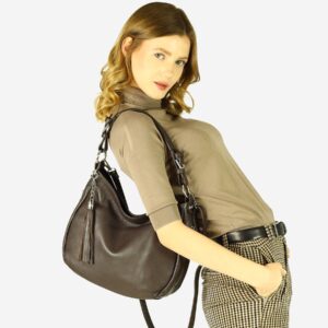 torebka skórzana na ramię w stylu hobo bag grainy leather - marco mazzini ciemny brąz caffe