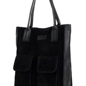 torebka zamszowa shopper bag z kieszeniami skóra naturalna - marco mazzini czarny