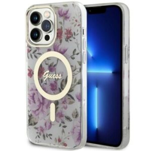 guess guhmp14lhcfwst iphone 14 pro 6.1" transparent hardcase flower magsafe