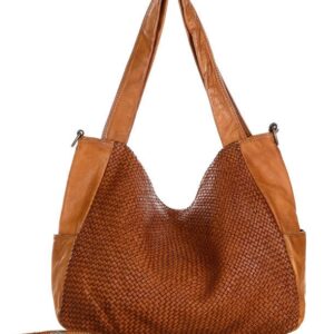 torba damska shopper ze skóry plecionej venezia - marco mazzini brąz camel