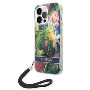 guess guohcp14xhflsb iphone 14 pro max 6,7" niebieski/blue hardcase flower strap
