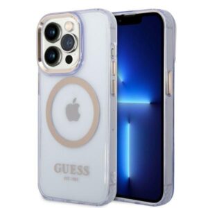 guess guhmp14lhtcmu iphone 14 pro 6.1" purpurowy/purple hard case gold outline translucent magsafe