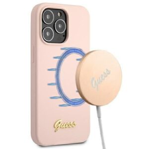 guess guhmp13llslmglp iphone 13 pro / 13 6,1" jasnoróżowy/light pink hardcase silicone script gold logo magsafe