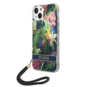 guess guohcp14mhflsb iphone 14 plus 6,7" niebieski/blue hardcase flower strap
