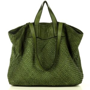 torba damska pleciona shopper & shoulder leather bag - marco mazzini zielony militare