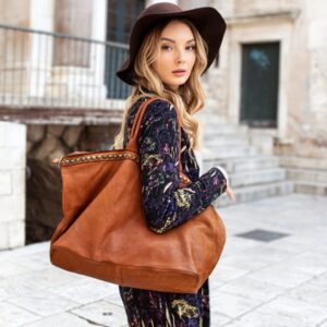 duża torebka skórzana oversize style shopper bag - marco mazzini brąz camel