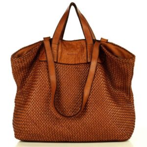 torba damska pleciona shopper & shoulder leather bag - marco mazzini brąz karmel