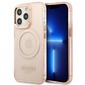 guess guhmp13xhtcmp iphone 13 pro max 6,7" różowy/pink hard case gold outline translucent magsafe
