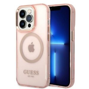 guess guhmp14lhtcmp iphone 14 pro 6,1" różowy/pink hard case gold outline translucent magsafe