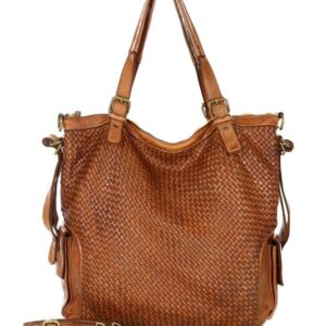 miejska torebka z regulowanymi rączkami shopper pleciona skóra handmade - marco mazzini brąz karmel
