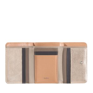 dudu small trifold rfid womens wallet purse in metal pink leather with coin pocket and credit card slots
