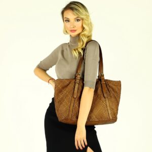 torba damska pleciona shopper skórzany vera pelle - marco mazzini brąz camel