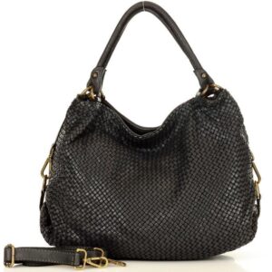 torebka pleciona damska shopper z naturalnej skóry timeless leather bag - marco mazzini czarna