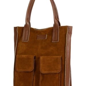 torebka zamszowa shopper bag z kieszeniami skóra naturalna- marco mazzini brąz