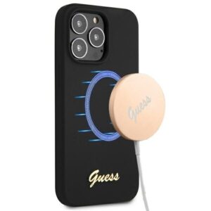 guess guhmp13xlslmgbk iphone 13 pro max 6,7" black/czarny hardcase silicone script gold logo magsafe