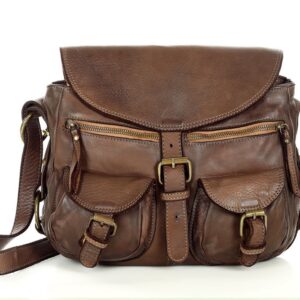 marco mazzini skórzana torebka listonoszka z kieszeniami safari handmade bag brąz