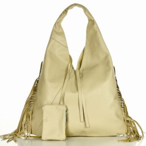 torba skórzana z frędzlami shopper smooth leather marco mazzini ivory beżowy