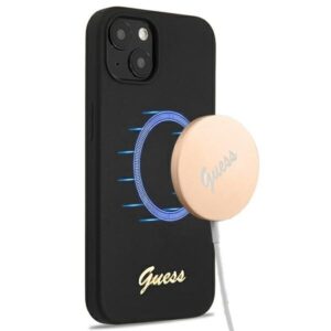 guess guhmp13mlslmgbk iphone 13 6,1" black/czarny hardcase silicone script gold logo magsafe
