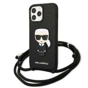 karl lagerfeld klhcp13xcmnipk iphone 13 pro max 6,7" hardcase czarny/black leather monogram patch and cord iconik