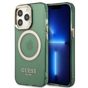 guess guhmp13lhtcma iphone 13 pro / 13 6,1" zielony/khaki hard case gold outline translucent magsafe