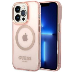 guess guhmp14xhtcmp iphone 14 pro max 6,7" różowy/pink hard case gold outline translucent magsafe