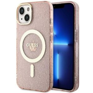 guess guhmp14mhcmcgp iphone 14 plus 6.7" różowy/pink hardcase glitter gold magsafe