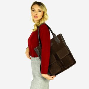 torebka zamszowa shopper bag z kieszeniami skóra naturalna - marco mazzini ciemny brąz