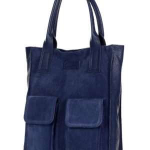 torebka zamszowa shopper bag z kieszeniami skóra naturalna - marco mazzini granatowy