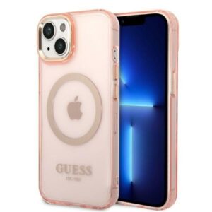 guess guhmp14shtcmp iphone 14 6,1" różowy/pink hard case gold outline translucent magsafe