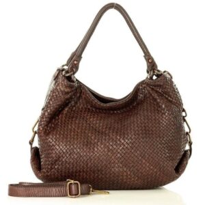 torebka pleciona damska shopper z naturalnej skóry timeless leather bag - marco mazzini ciemny brąz