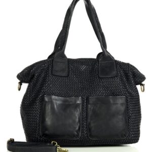 klasyczna torebka shopper z kieszeniami pleciona skóra handmade - marco mazzini czarny