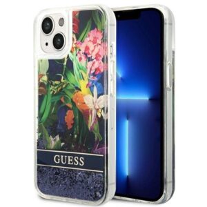 guess guhcp14slflsb iphone 14 6,1" niebieski/blue hardcase flower liquid glitter
