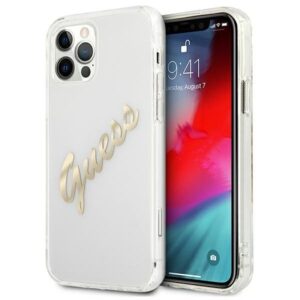 guess guhcp12mktrsvgo iphone 12/12 pro 6,1" transparent hardcase vintage script gold