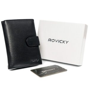pionowy, czarny portfel męski ze skóry naturalnej, ochrona rfid — rovicky