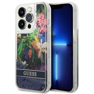 guess guhcp14llflsb iphone 14 pro 6,1" niebieski/blue hardcase flower liquid glitter