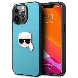 karl lagerfeld klhcp13lpkmb iphone 13 pro / 13 6,1" niebieski/blue hardcase leather ikonik karl`s head metal